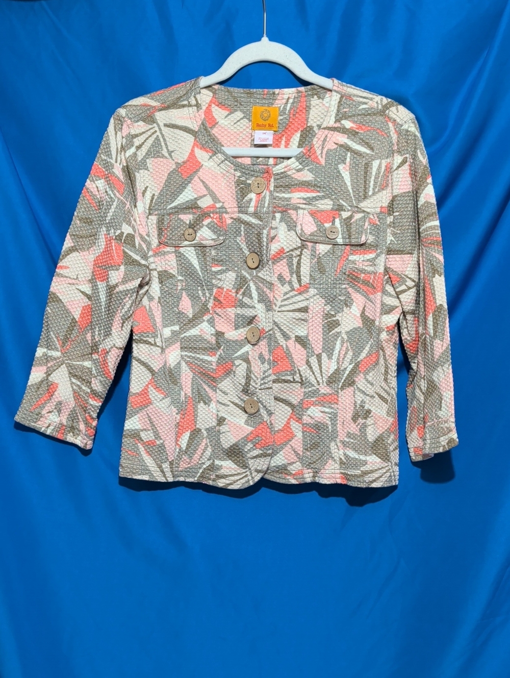 Ruby Rd. Coral and Gray Leaf-Print Button Jacket